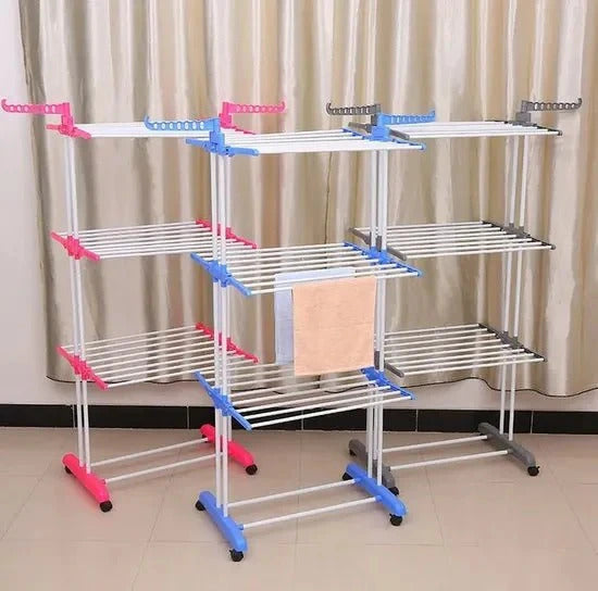 Sklopivi stalak za sušenje veša na 3 nivoa sa točkićima – Metalni sušač veša za stan, balkon i dvorište