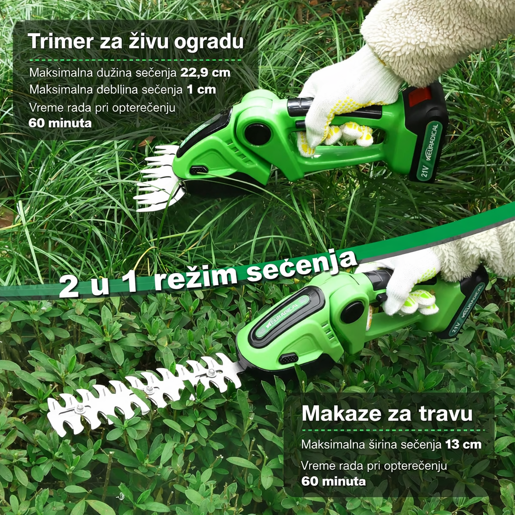 Bežični Trimer za Živu Ogradu i Travu – 2u1 Baštenske Makaze sa 2 Punjive Baterije, Električne Makaze za Travu i Žbunje