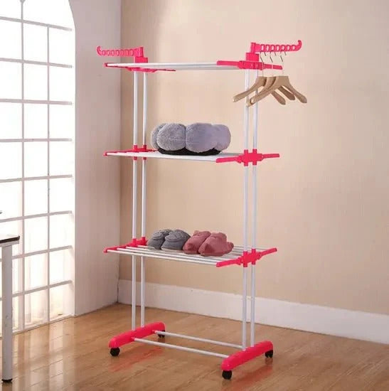 Sklopivi stalak za sušenje veša na 3 nivoa sa točkićima – Metalni sušač veša za stan, balkon i dvorište