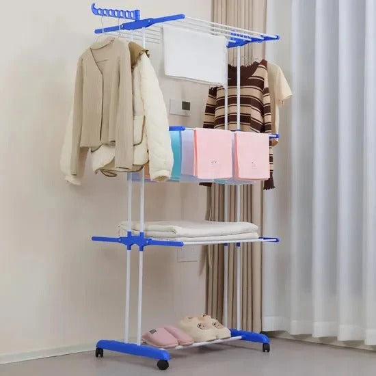 Sklopivi stalak za sušenje veša na 3 nivoa sa točkićima – Metalni sušač veša za stan, balkon i dvorište