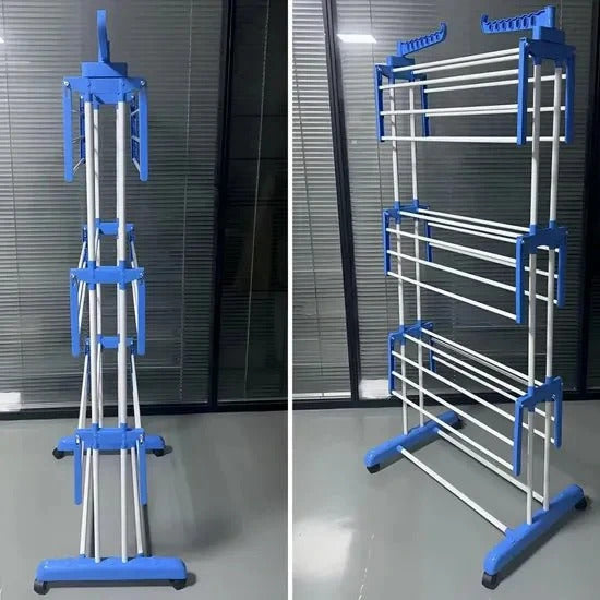 Sklopivi stalak za sušenje veša na 3 nivoa sa točkićima – Metalni sušač veša za stan, balkon i dvorište