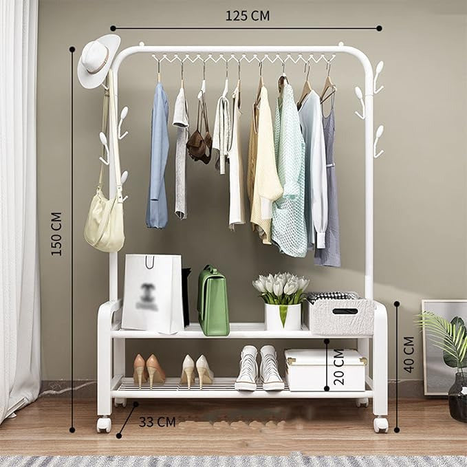 Samostojeći Stalak za Odeću sa Policom za Obuću i 7 Kukica – Metalni Organizator za Garderobu