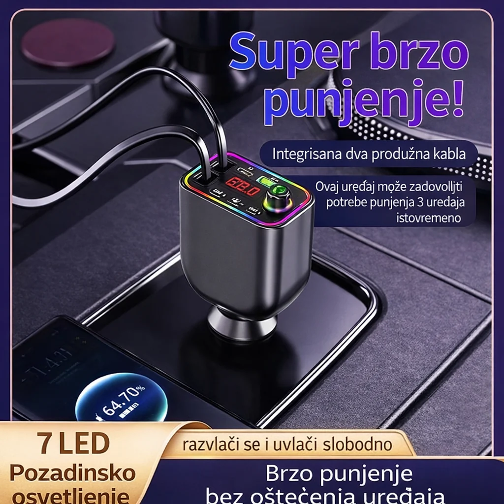 🚗 FM transmiter za auto sa brzim punjačem 100W – Bluetooth 5.3, Hands-Free, 4u1