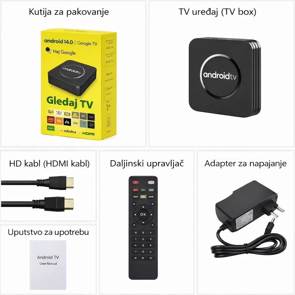 Android TV Box 4K Smart Uređaj sa Daljinskim, HDMI Kablom i Adapterom
